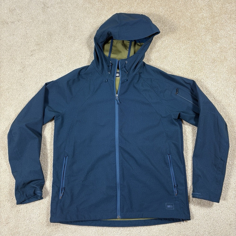 REI McCone Soft-Shell Jacket Mens Large L Water Repellent Green Blue Hooded